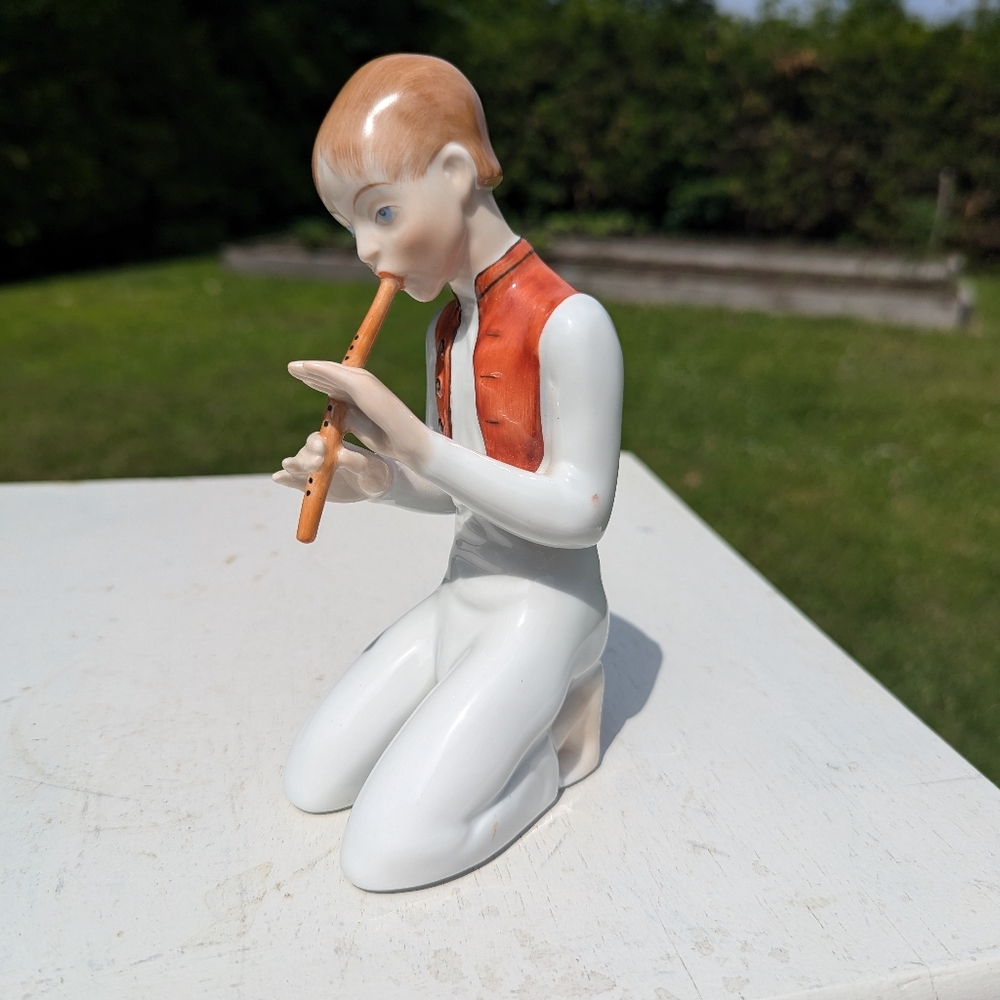 Herend Hungarian China child Magyar boy playing flute porcelain figurine
